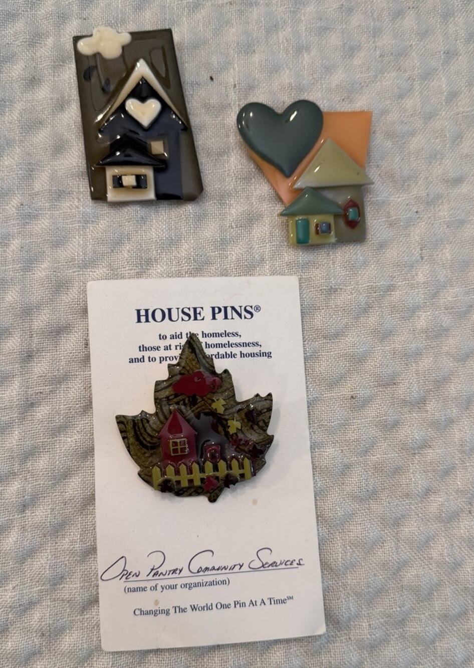 Lot 3 Lucinda House Pins Brooches Heart Autumn Leaf Handmade Charity Art Pin